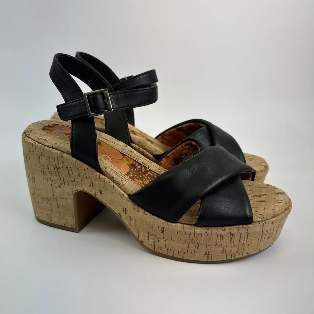 Korks Calda‎ Platform Sandal Black Leather Ankle Buckle Strap Cork Heel Womens 7